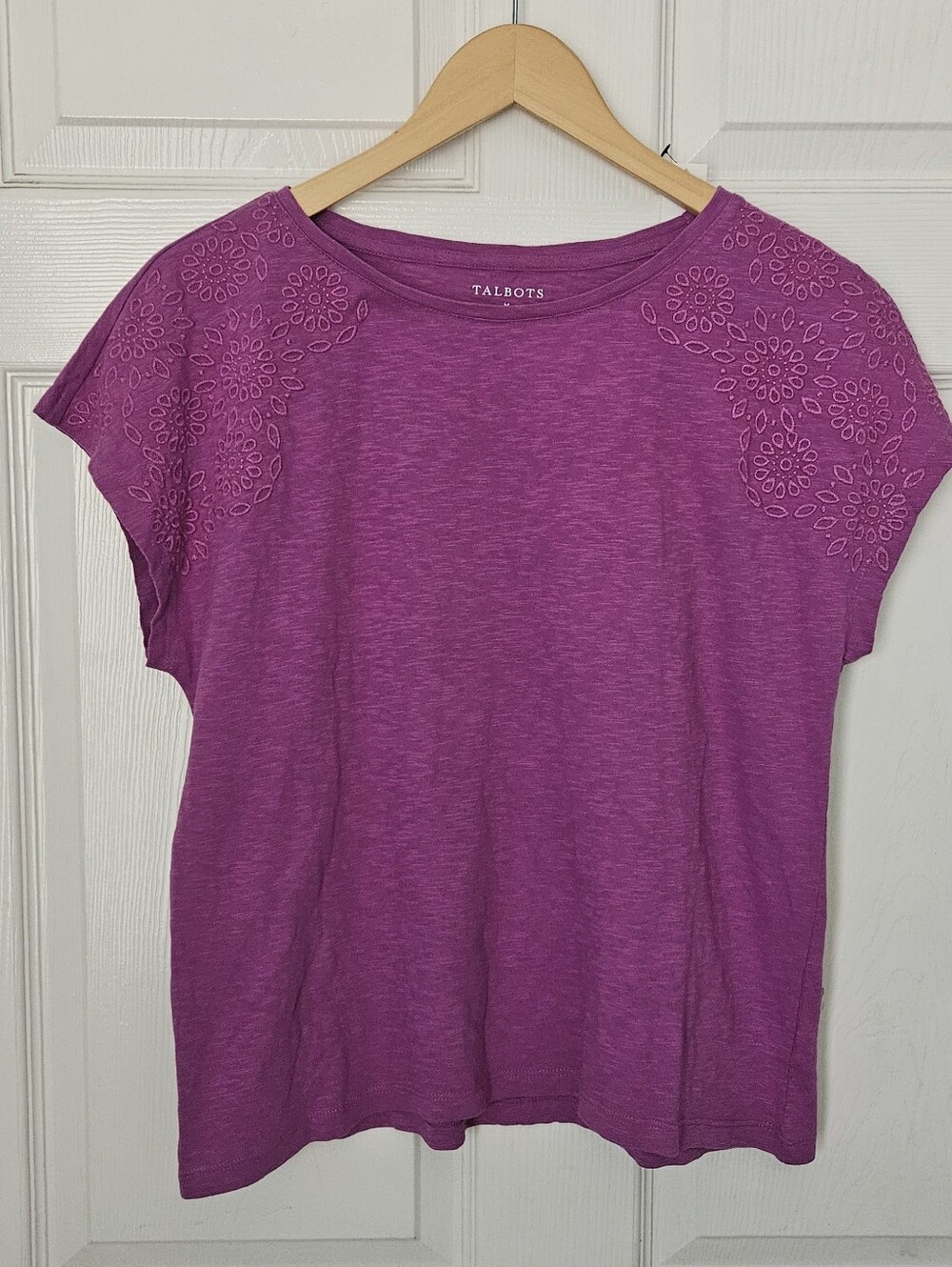 NWT Talbots Slub Knit Top Embroidered Floral Cotton Purple Modest Grandmacore M